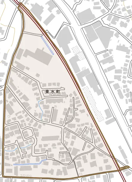 東水町とその周辺の地図。町の範囲を重ねている