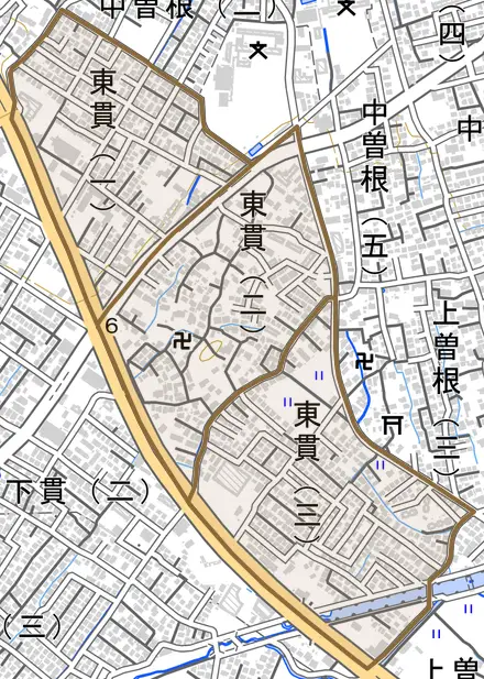 東貫とその周辺の地図。町の範囲を重ねている