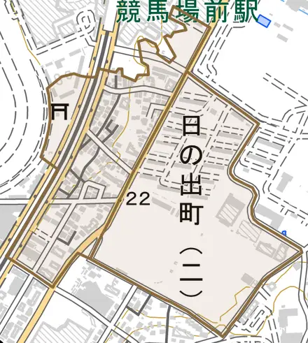 日の出町とその周辺の地図。町の範囲を重ねている