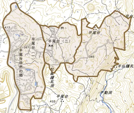 平尾台とその周辺の地図。町の範囲を重ねている