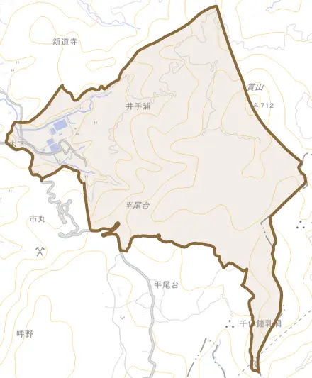 大字井手浦とその周辺の地図。町の範囲を重ねている