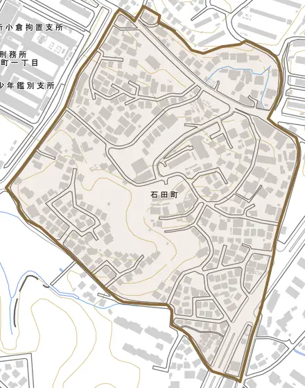 石田町とその周辺の地図。町の範囲を重ねている