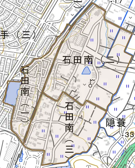 石田南とその周辺の地図。町の範囲を重ねている