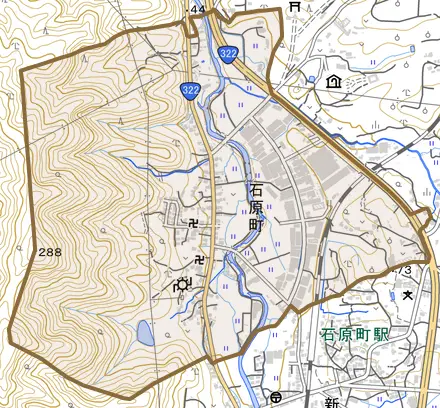大字石原町とその周辺の地図。町の範囲を重ねている