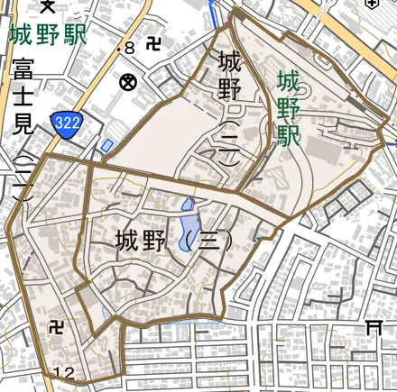 城野とその周辺の地図。町の範囲を重ねている