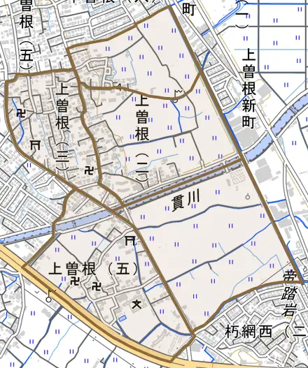 上曽根とその周辺の地図。町の範囲を重ねている