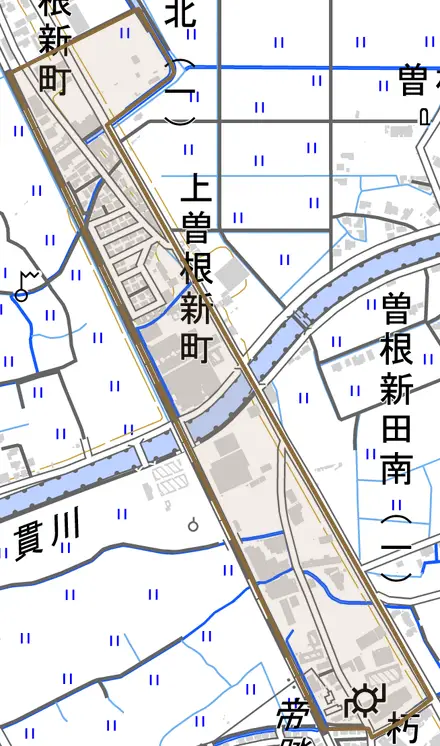 上曽根新町とその周辺の地図。町の範囲を重ねている