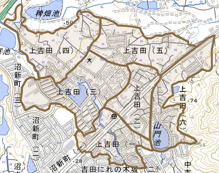 上吉田とその周辺の地図。町の範囲を重ねている