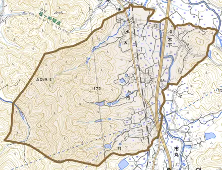 大字木下とその周辺の地図。町の範囲を重ねている