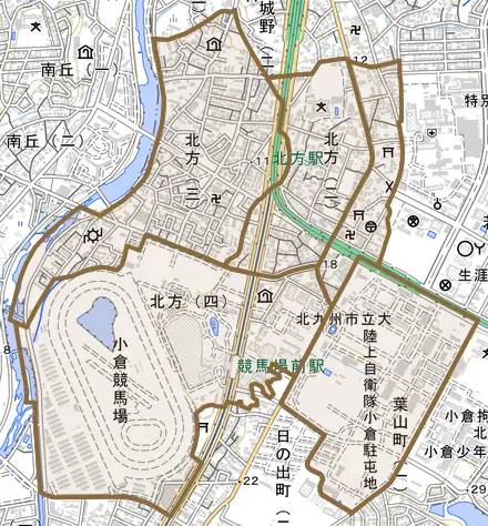 北方とその周辺の地図。町の範囲を重ねている