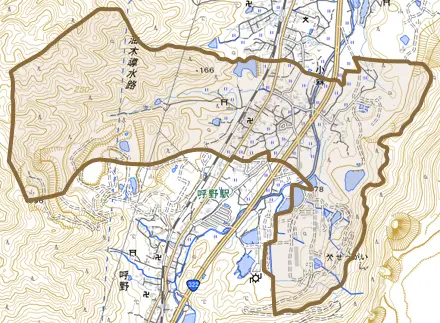 大字小森とその周辺の地図。町の範囲を重ねている