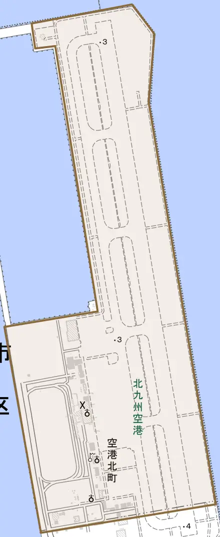 空港北町とその周辺の地図。町の範囲を重ねている