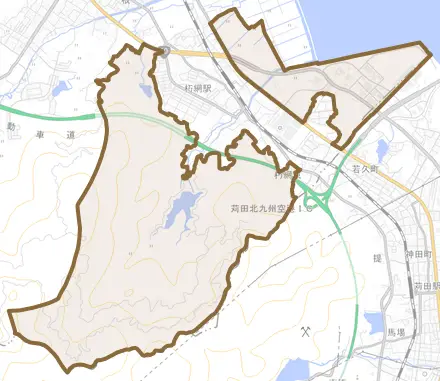 大字朽網とその周辺の地図。町の範囲を重ねている