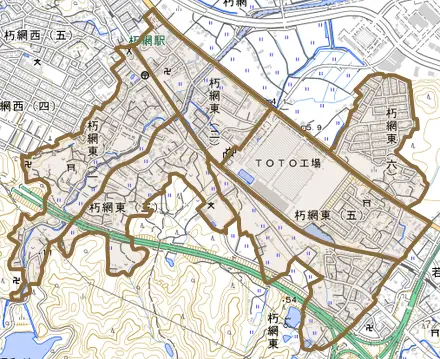 朽網東とその周辺の地図。町の範囲を重ねている