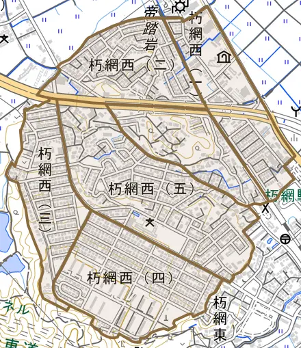 朽網西とその周辺の地図。町の範囲を重ねている