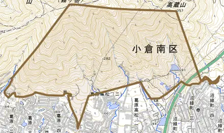 大字葛原とその周辺の地図。町の範囲を重ねている