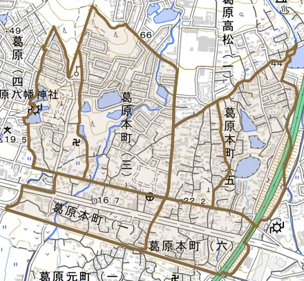 葛原本町とその周辺の地図。町の範囲を重ねている