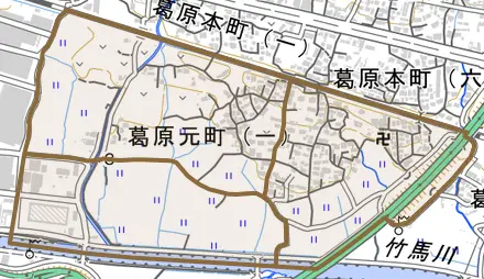 葛原元町とその周辺の地図。町の範囲を重ねている
