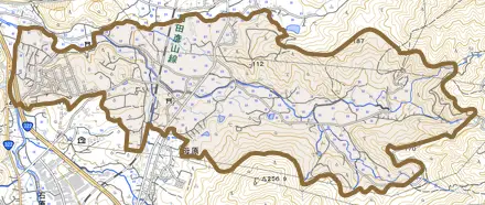 大字母原とその周辺の地図。町の範囲を重ねている