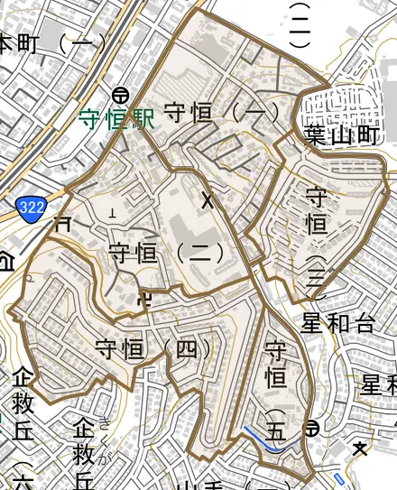 守恒とその周辺の地図。町の範囲を重ねている
