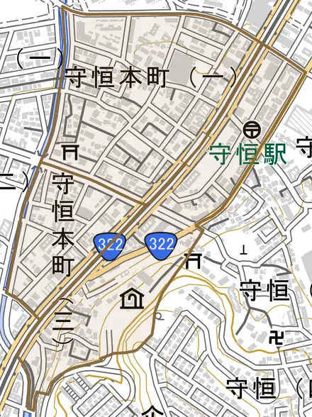 守恒本町とその周辺の地図。町の範囲を重ねている