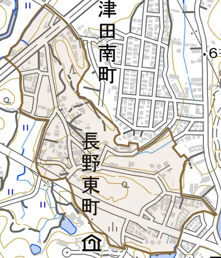 長野東町とその周辺の地図。町の範囲を重ねている