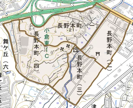 長野本町とその周辺の地図。町の範囲を重ねている