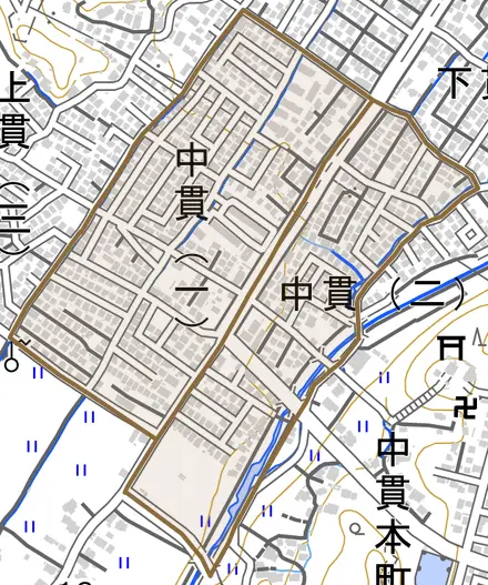 中貫とその周辺の地図。町の範囲を重ねている