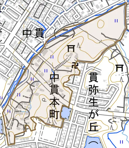 中貫本町とその周辺の地図。町の範囲を重ねている