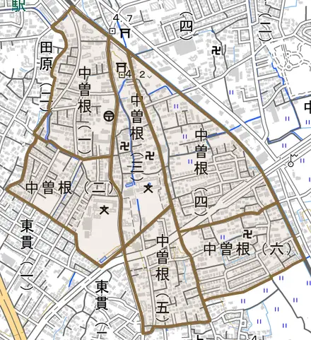 中曽根とその周辺の地図。町の範囲を重ねている