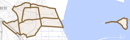 中曽根東とその周辺の地図。町の範囲を重ねている