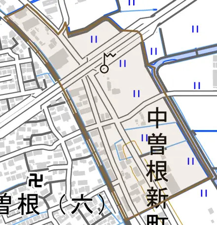 中曽根新町とその周辺の地図。町の範囲を重ねている