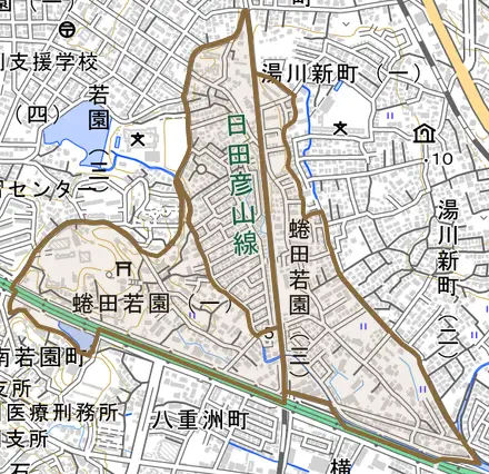 蜷田若園とその周辺の地図。町の範囲を重ねている