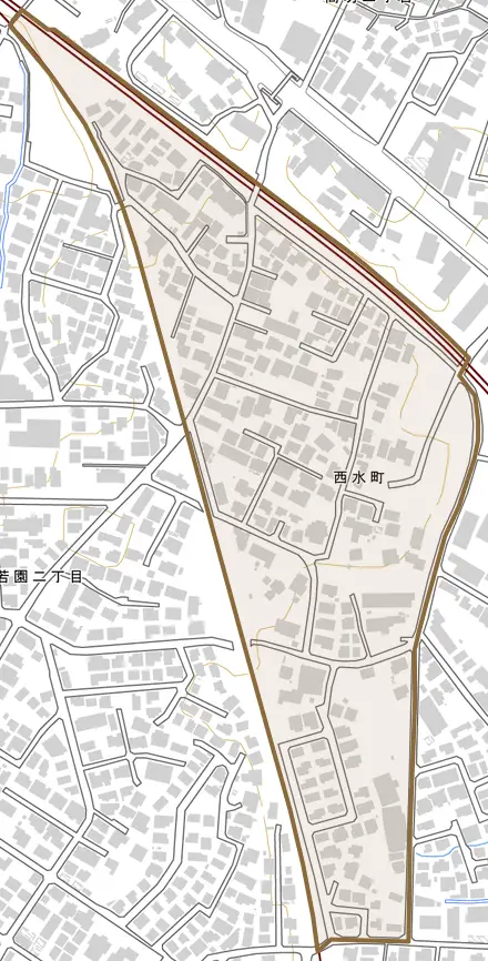 西水町とその周辺の地図。町の範囲を重ねている