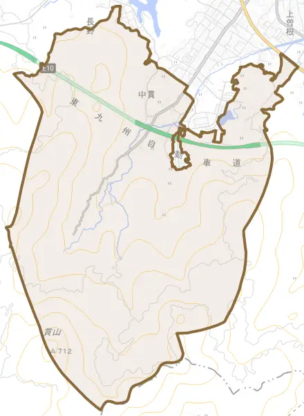 大字貫とその周辺の地図。町の範囲を重ねている