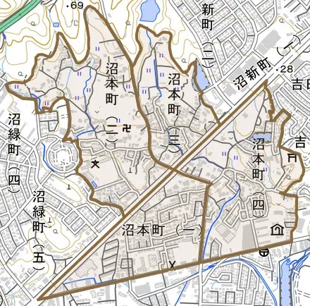 沼本町とその周辺の地図。町の範囲を重ねている
