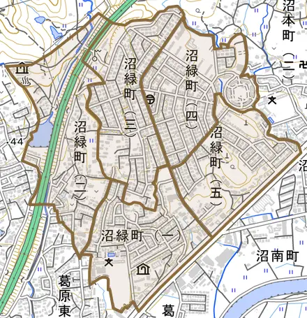 沼緑町とその周辺の地図。町の範囲を重ねている