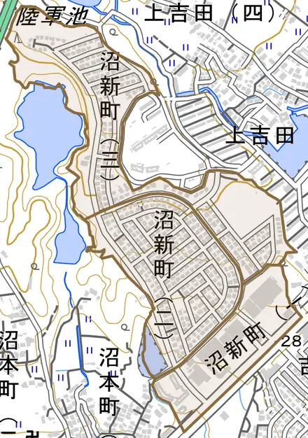 沼新町とその周辺の地図。町の範囲を重ねている