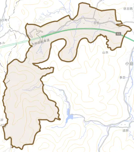 大字合馬とその周辺の地図。町の範囲を重ねている