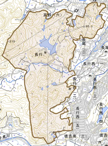 大字長行とその周辺の地図。町の範囲を重ねている