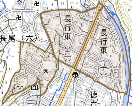 長行東とその周辺の地図。町の範囲を重ねている