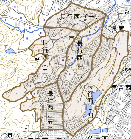 長行西とその周辺の地図。町の範囲を重ねている