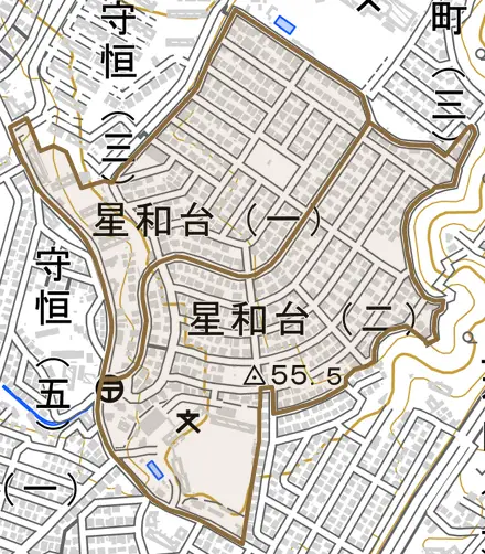 星和台とその周辺の地図。町の範囲を重ねている