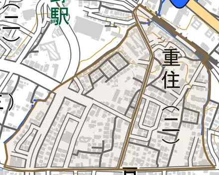 重住とその周辺の地図。町の範囲を重ねている