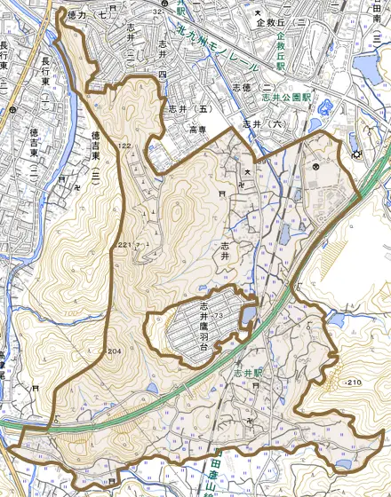 大字志井とその周辺の地図。町の範囲を重ねている