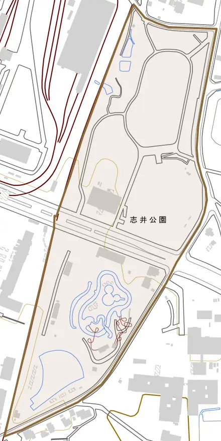 志井公園とその周辺の地図。町の範囲を重ねている