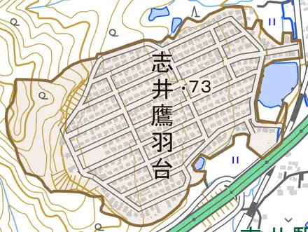 志井鷹羽台とその周辺の地図。町の範囲を重ねている
