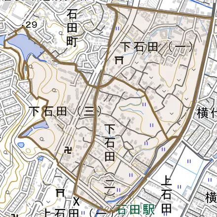 下石田とその周辺の地図。町の範囲を重ねている