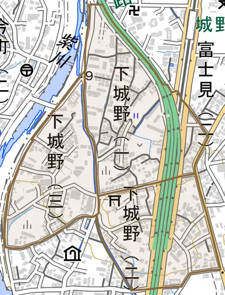 下城野とその周辺の地図。町の範囲を重ねている