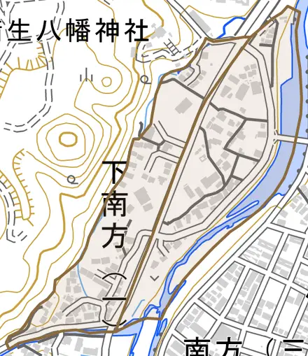 下南方とその周辺の地図。町の範囲を重ねている
